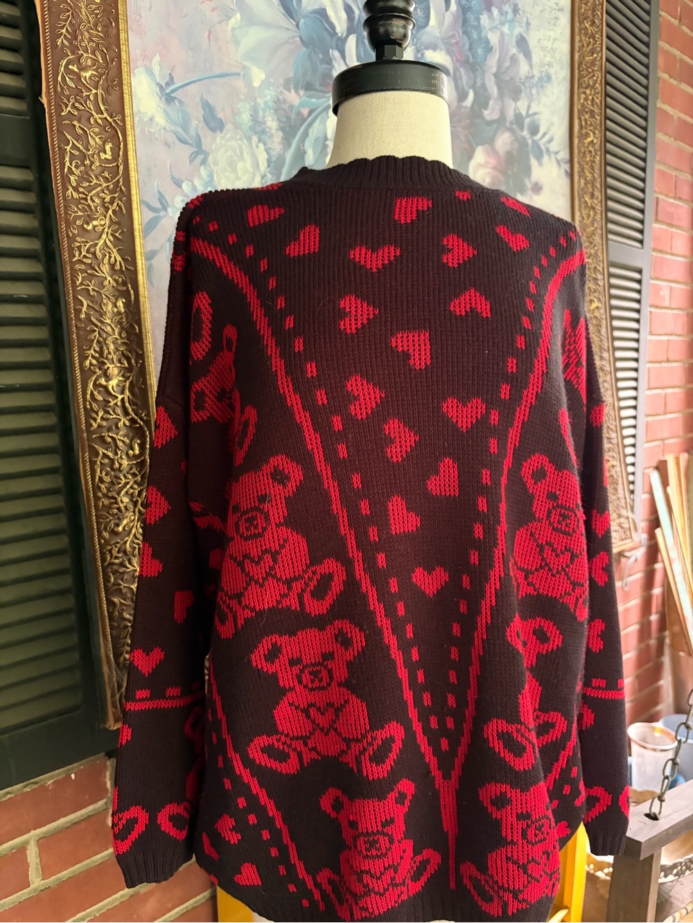 Women's Red & Black Heart Teddy Knit Sweater - Crew Neck